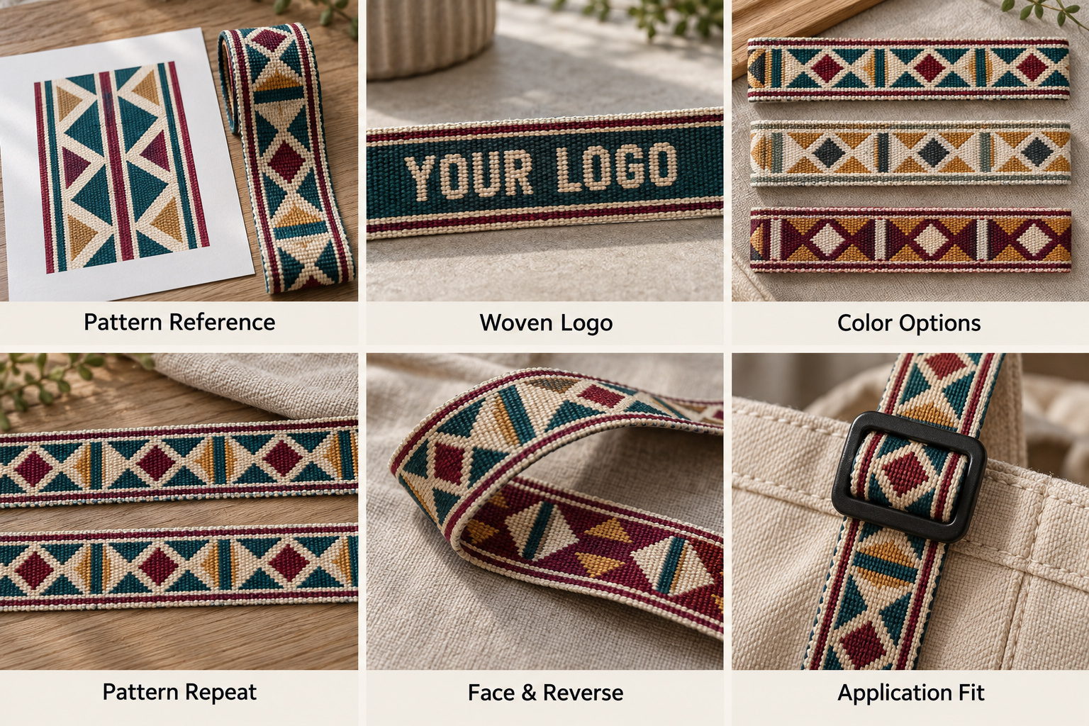 Custom jacquard samples showing pattern repeats, woven logos and strap fit.