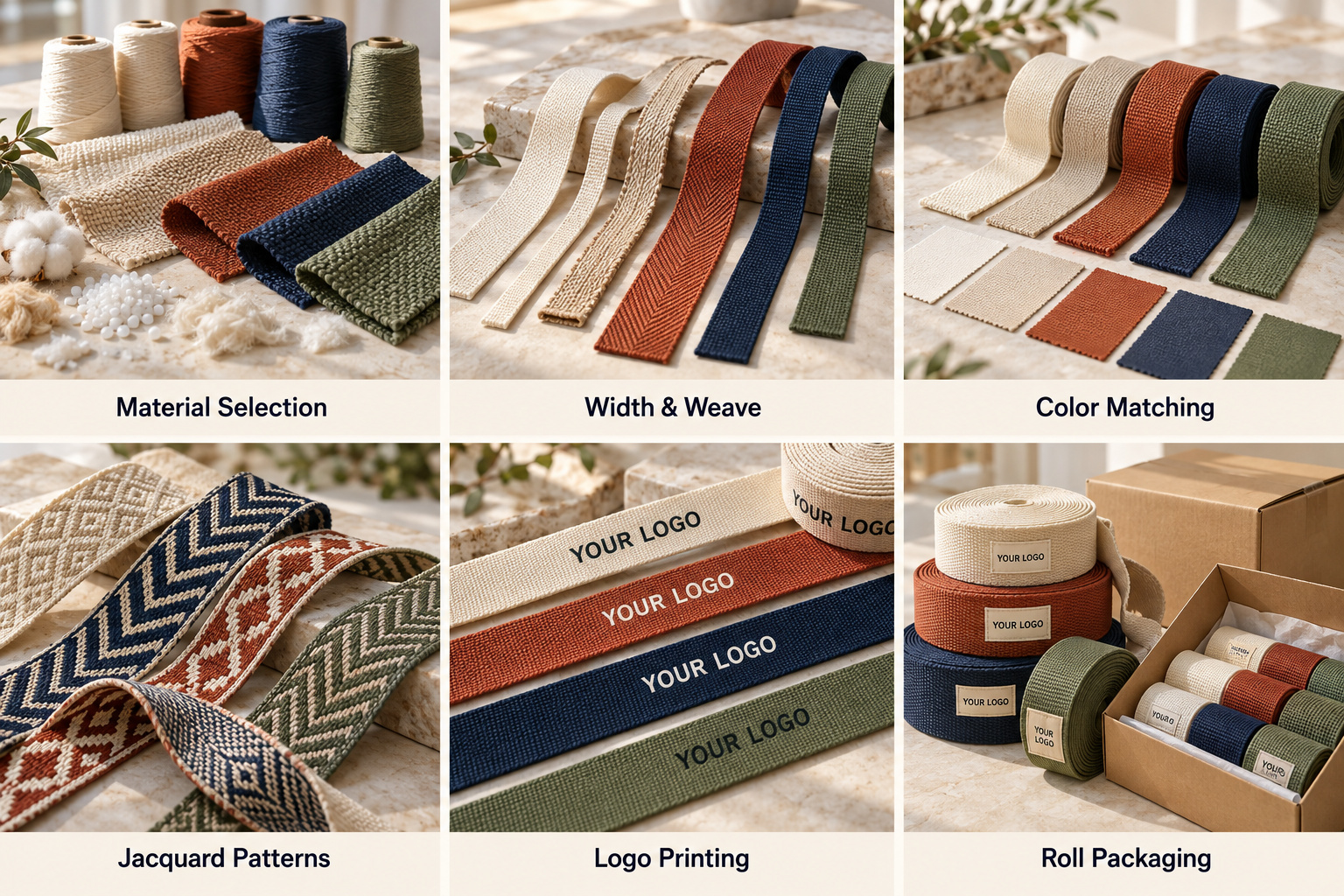 Custom webbing materials, colors, patterns, logo printing and roll packaging.