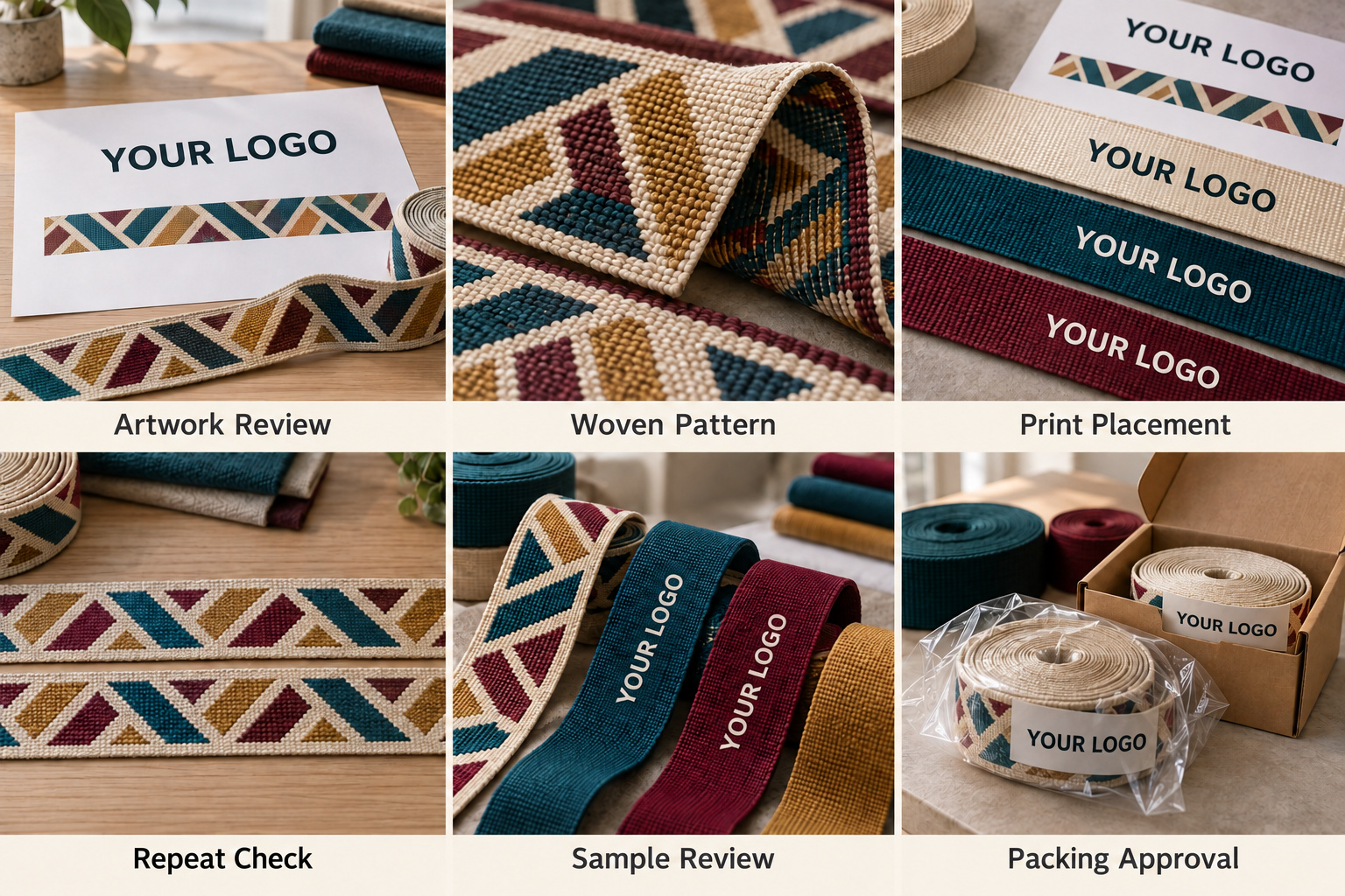 Custom webbing patterns, printed logos and packaging approval samples.
