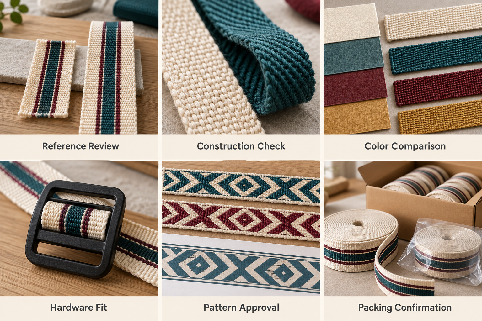 Custom webbing sample comparison, weave, color, buckle fit and packing review.