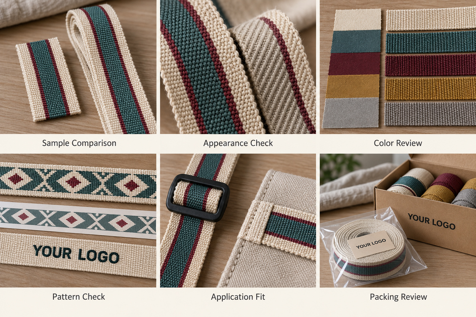 Custom webbing samples showing appearance, colors, buckle fit and packaging.