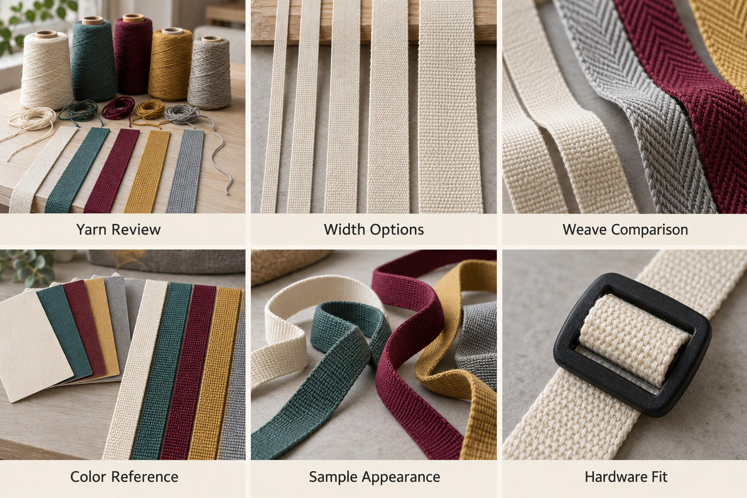 Custom webbing samples showing width, texture, colors and hardware fit.