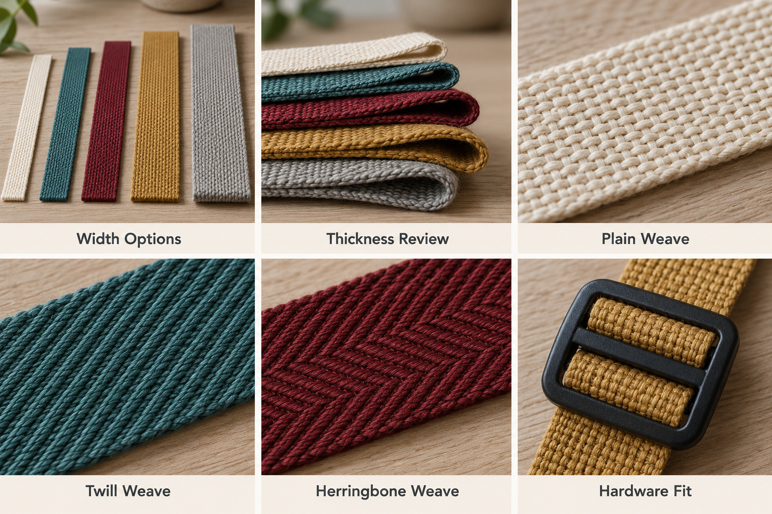 Custom webbing showing plain, twill and herringbone weaves with hardware fit.