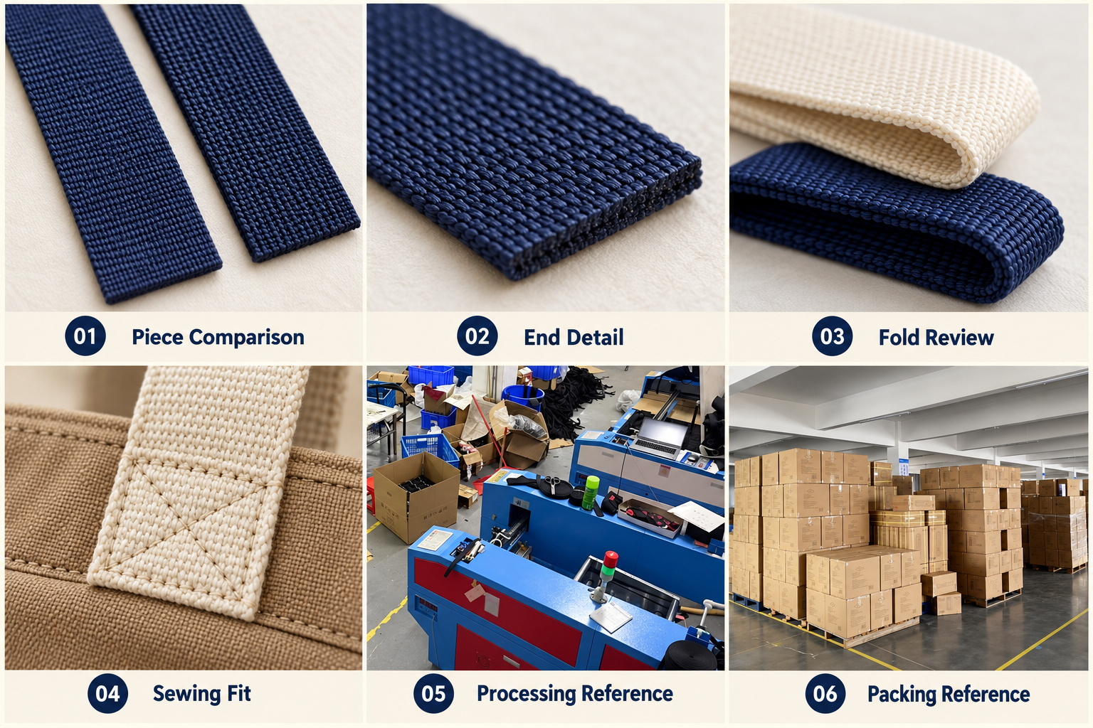 Cut webbing ends, folds, sewing fit, processing equipment and packed cartons.