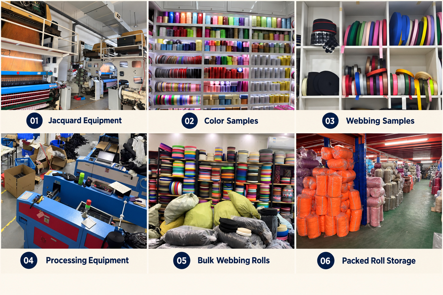 Jacquard equipment, webbing color samples, processing equipment and stored rolls.