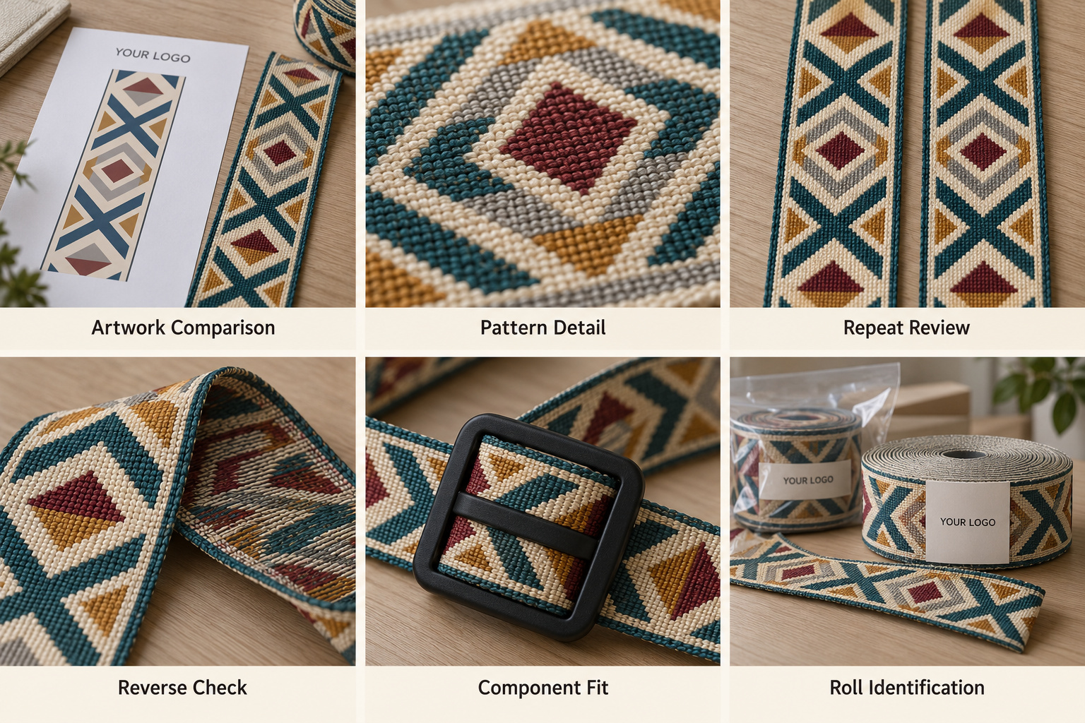 Jacquard samples showing repeat alignment, reverse weave, buckle fit and roll labels.