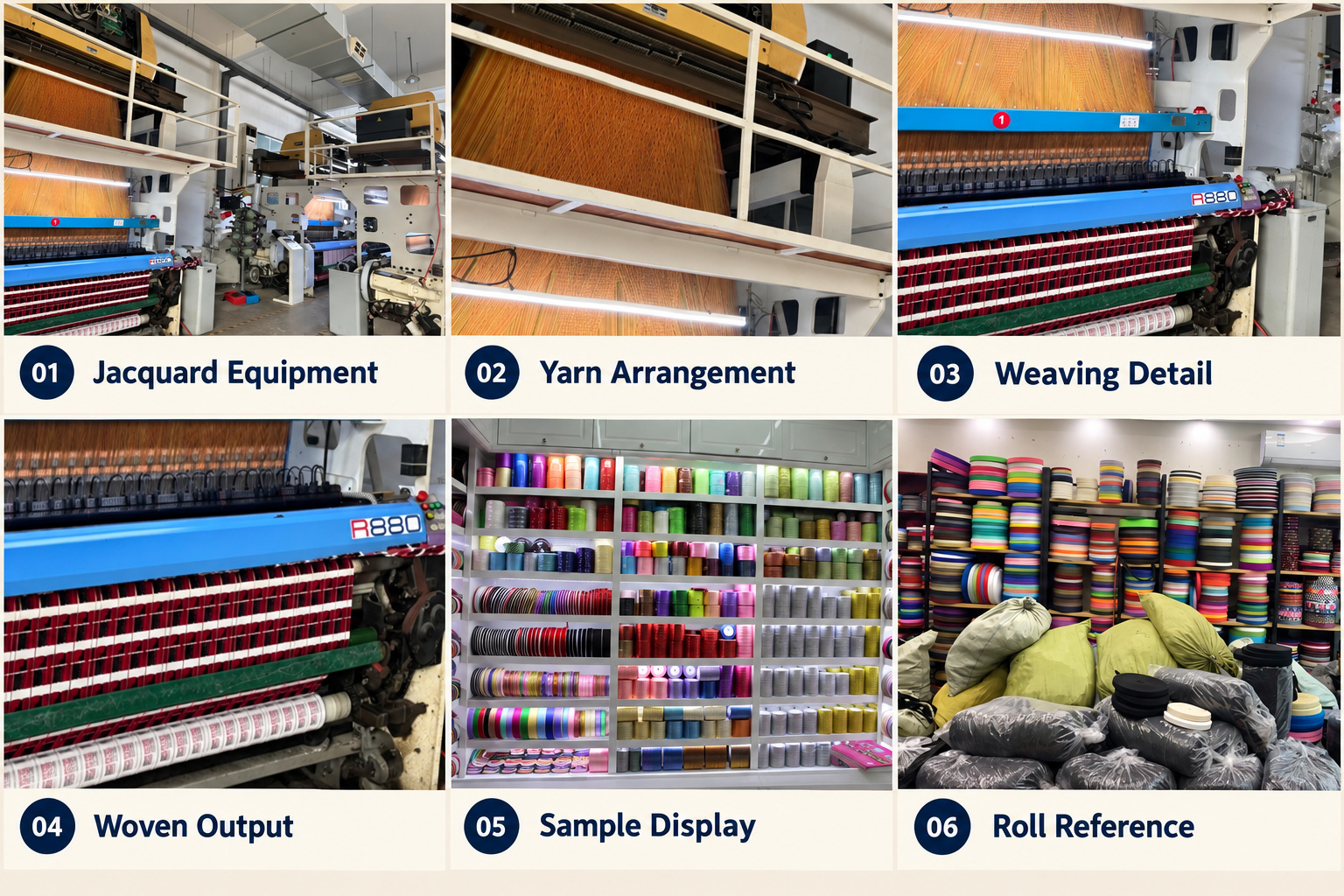 Jacquard weaving equipment, yarn arrangement, woven output and webbing samples.