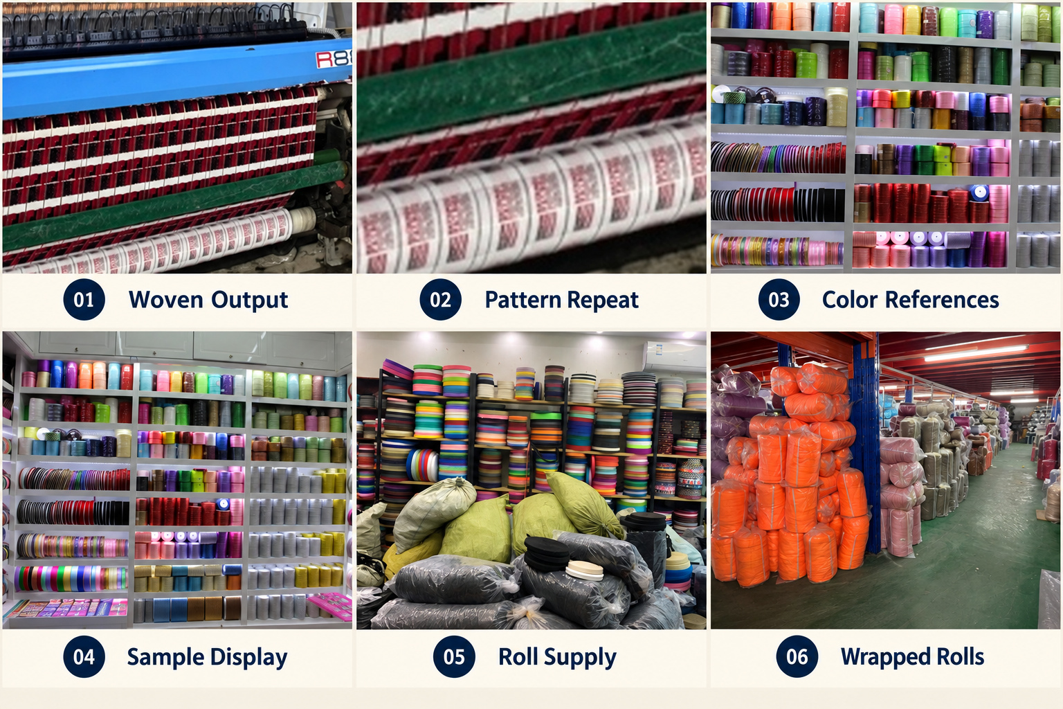 Jacquard woven output, pattern repeats, sample displays and wrapped webbing rolls.