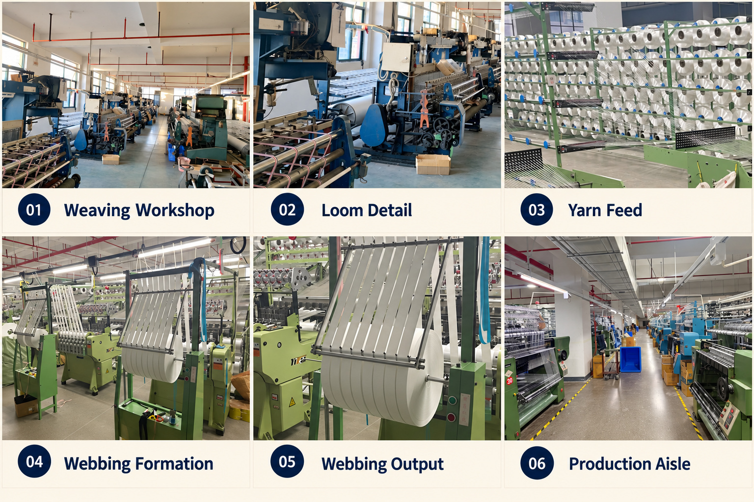 Narrow fabric weaving workshop, loom details, yarn feed and webbing output.