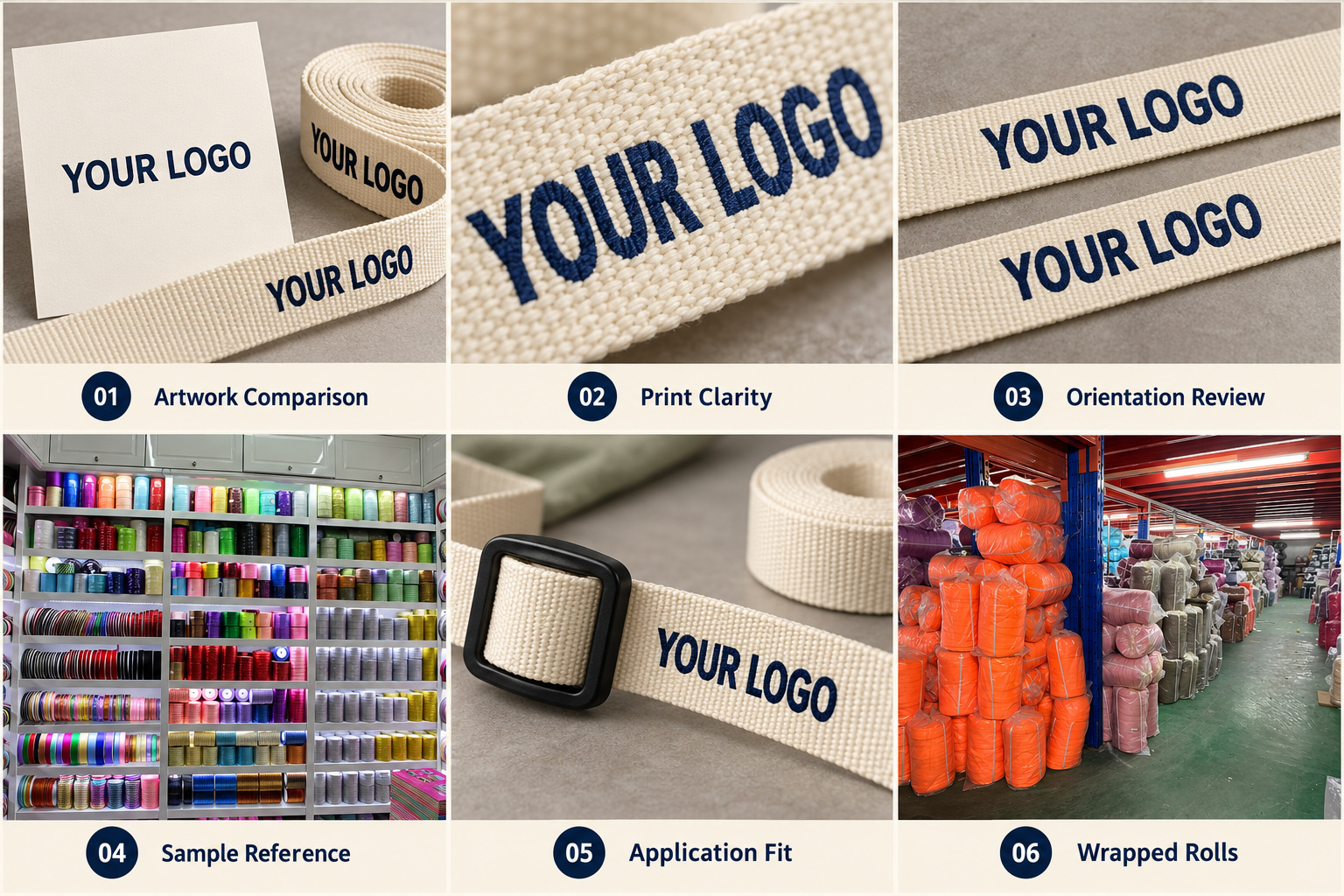 Printed webbing artwork comparison, logo clarity, orientation and buckle fit.