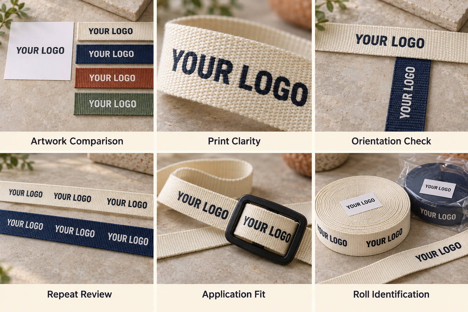 Printed webbing artwork, logo clarity, orientation, repeats and labeled rolls.