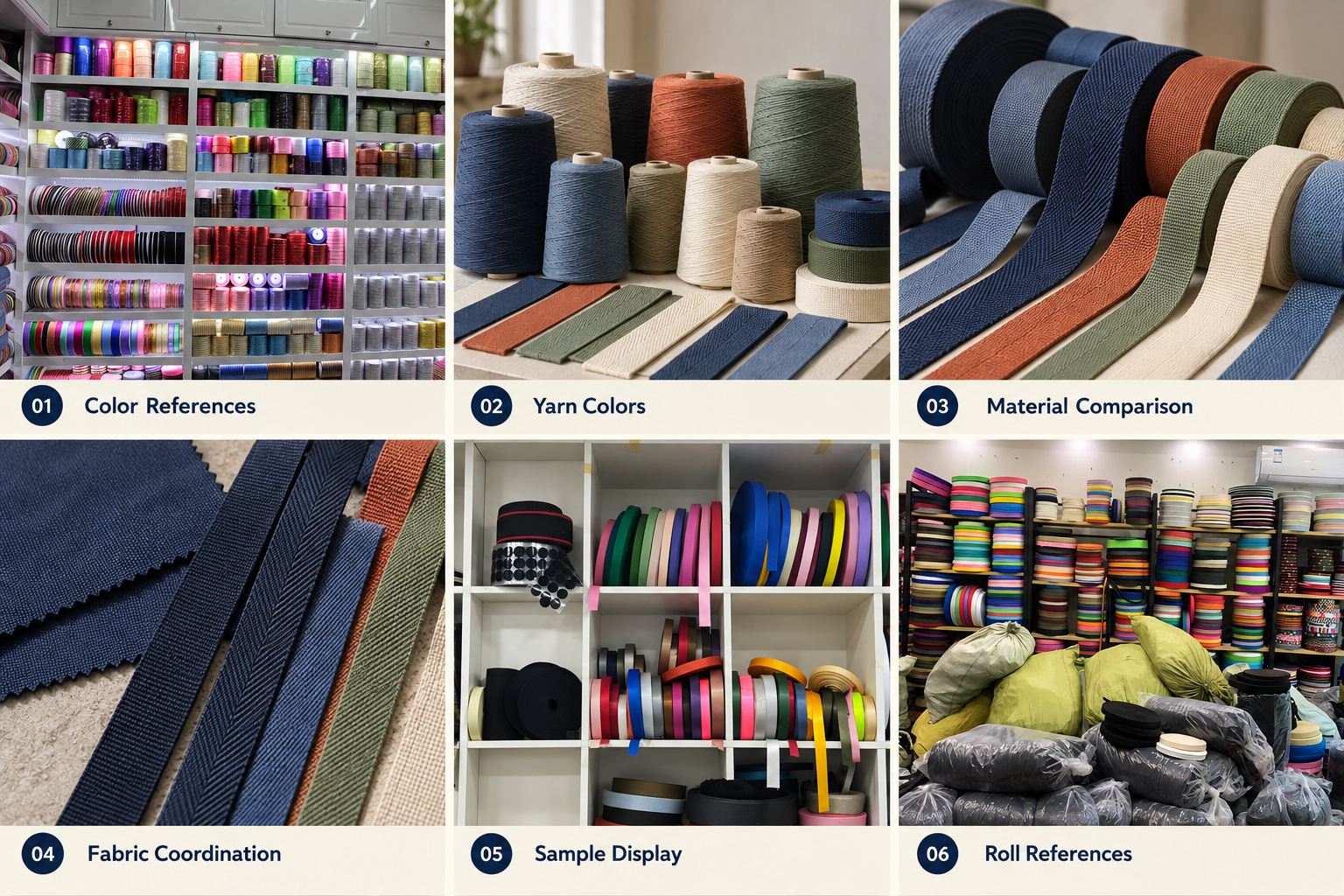 Webbing color references, yarn colors, material comparison and fabric coordination.
