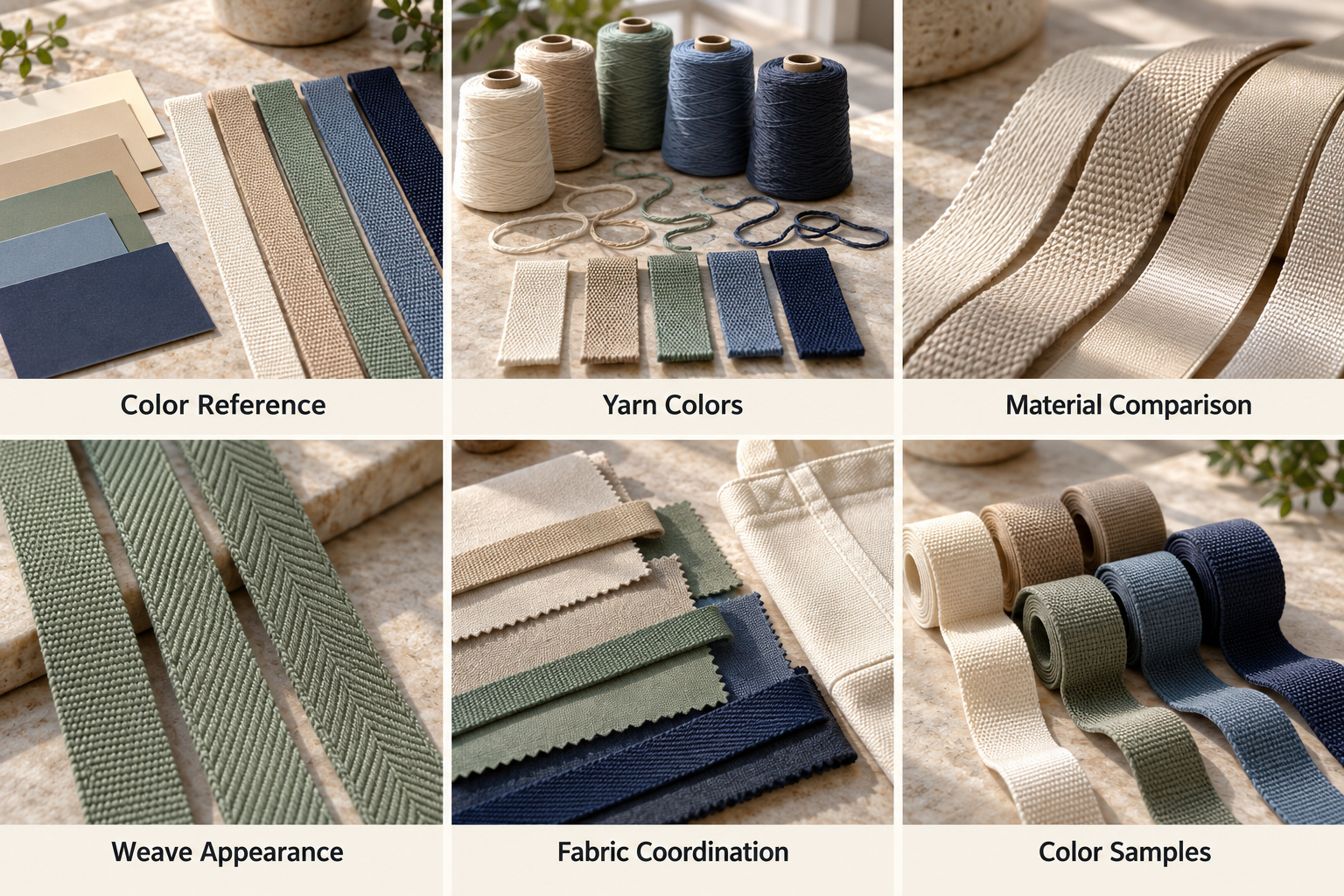 Webbing color references, yarn shades, weave textures and fabric matching.