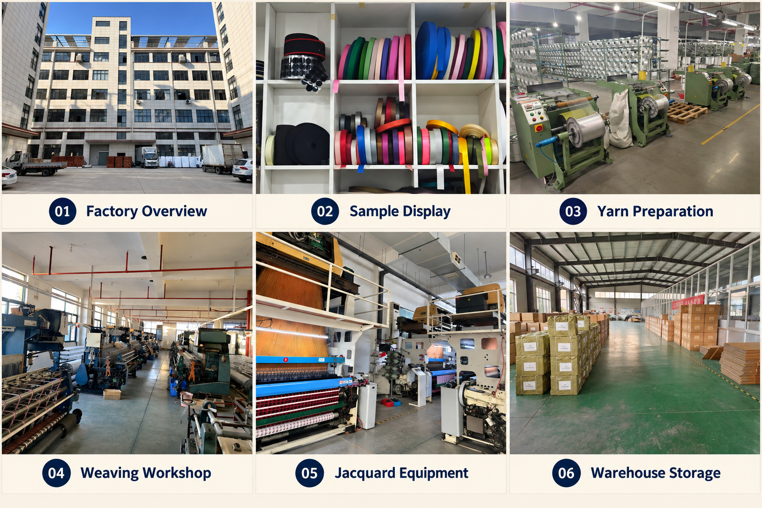 Webbing factory, sample display, yarn preparation, weaving equipment and warehouse.