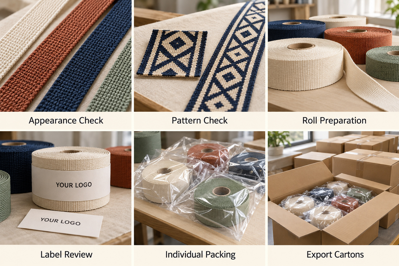 Webbing inspection, roll preparation, individual bags and export cartons.