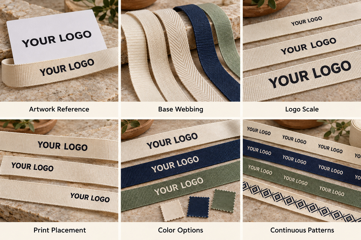 Webbing logo artwork, print sizes, placement and repeating patterns.