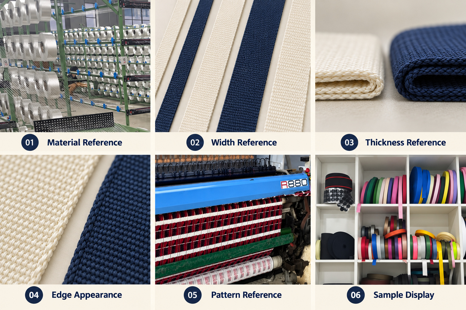 Webbing material, width, thickness, edge and pattern references.