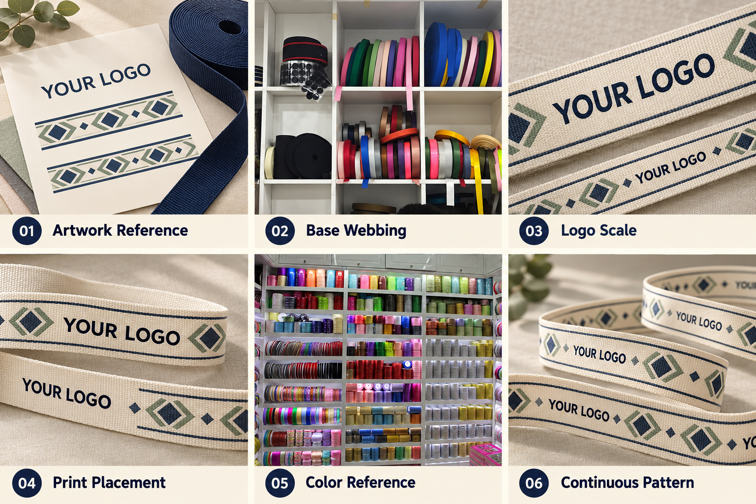 Webbing printing artwork, logo scale, print placement and continuous patterns.