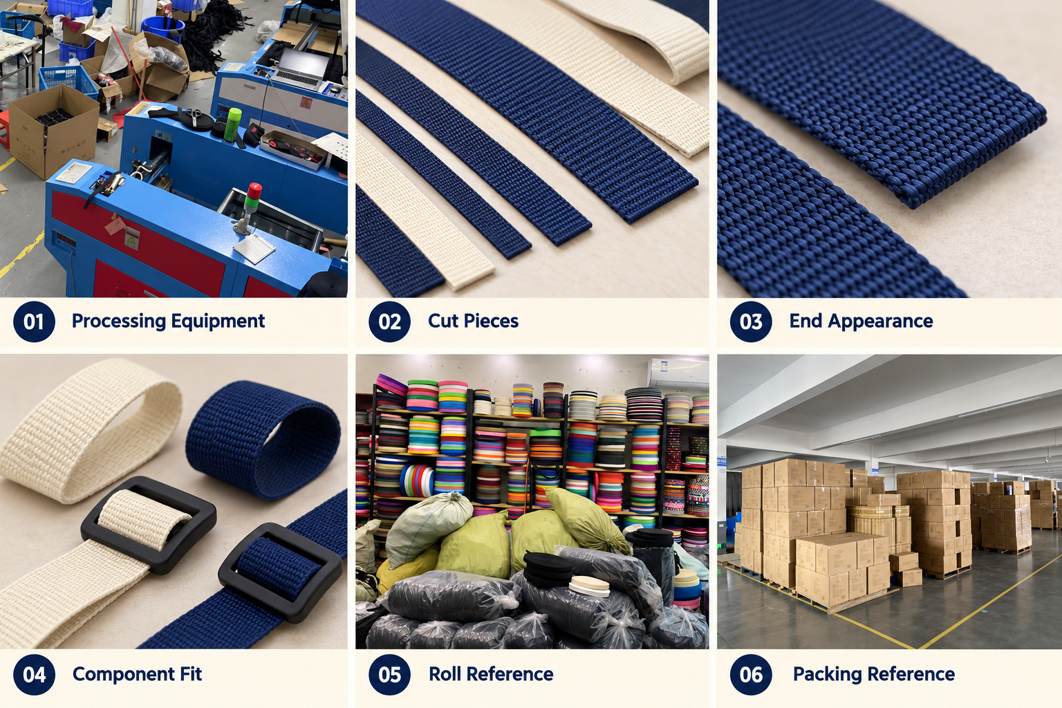 Webbing processing equipment, cut ends, buckle fit and packing references.