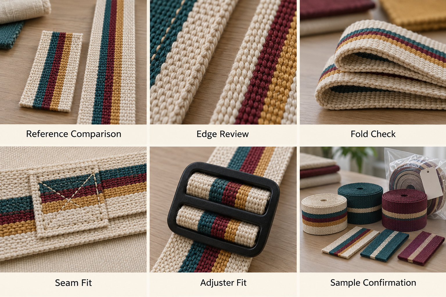 Webbing reference comparison, edge review, layered seams and sample rolls.