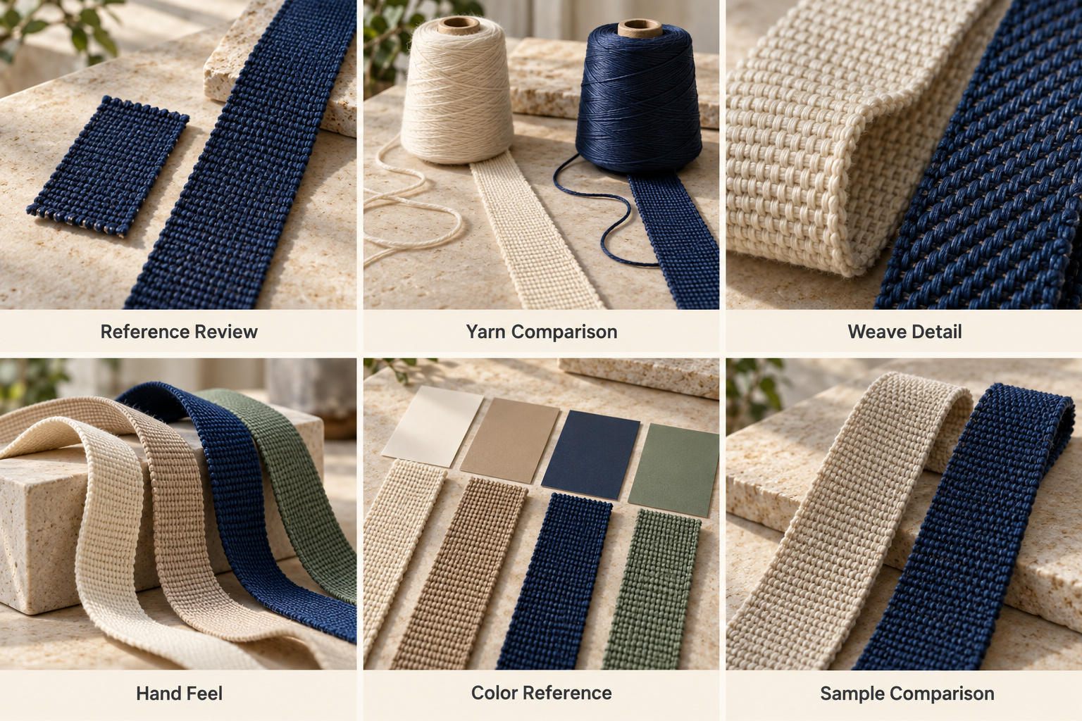 Webbing reference samples, yarn comparison, weave details and color review.
