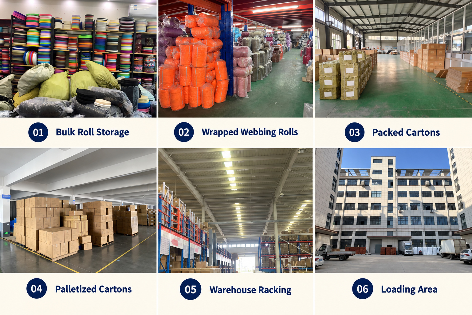 Webbing rolls, packed cartons, warehouse racking and loading area.