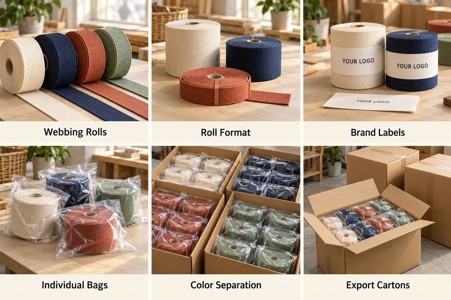 Webbing rolls, private labels, individual bags and export cartons.