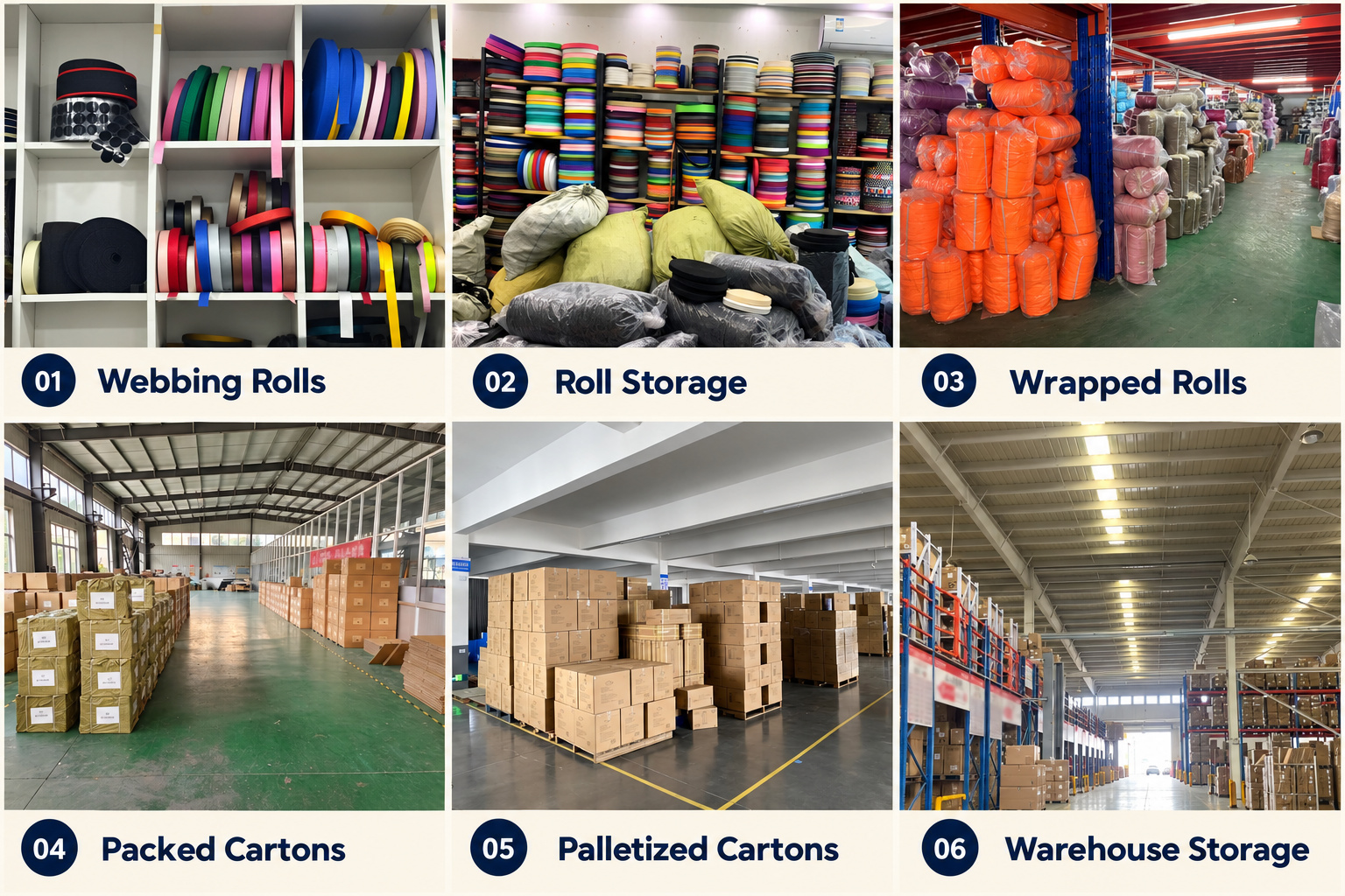 Webbing rolls, protective wrapping, packed cartons and warehouse storage.