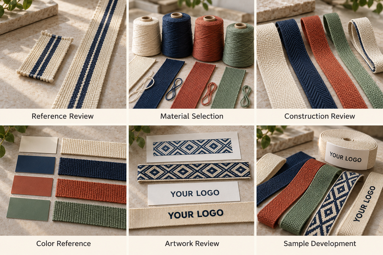 Webbing sample development with yarns, weaves, colors and logo artwork.