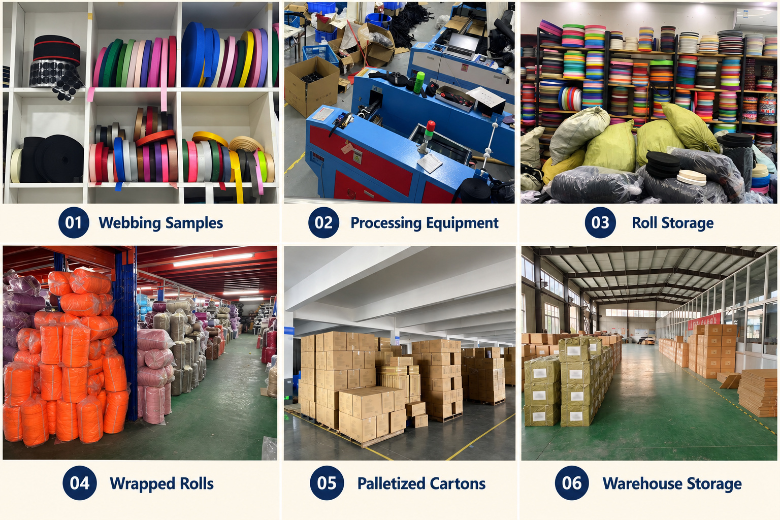Webbing samples, processing equipment, wrapped rolls and warehouse cartons.