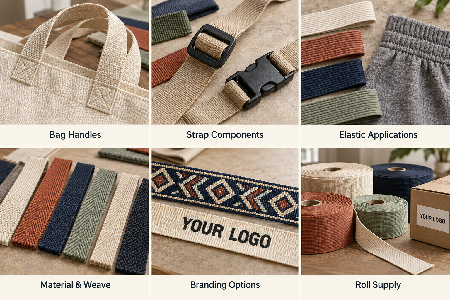 Webbing samples showing handles, buckle fit, elastic bands, weaves and logos.