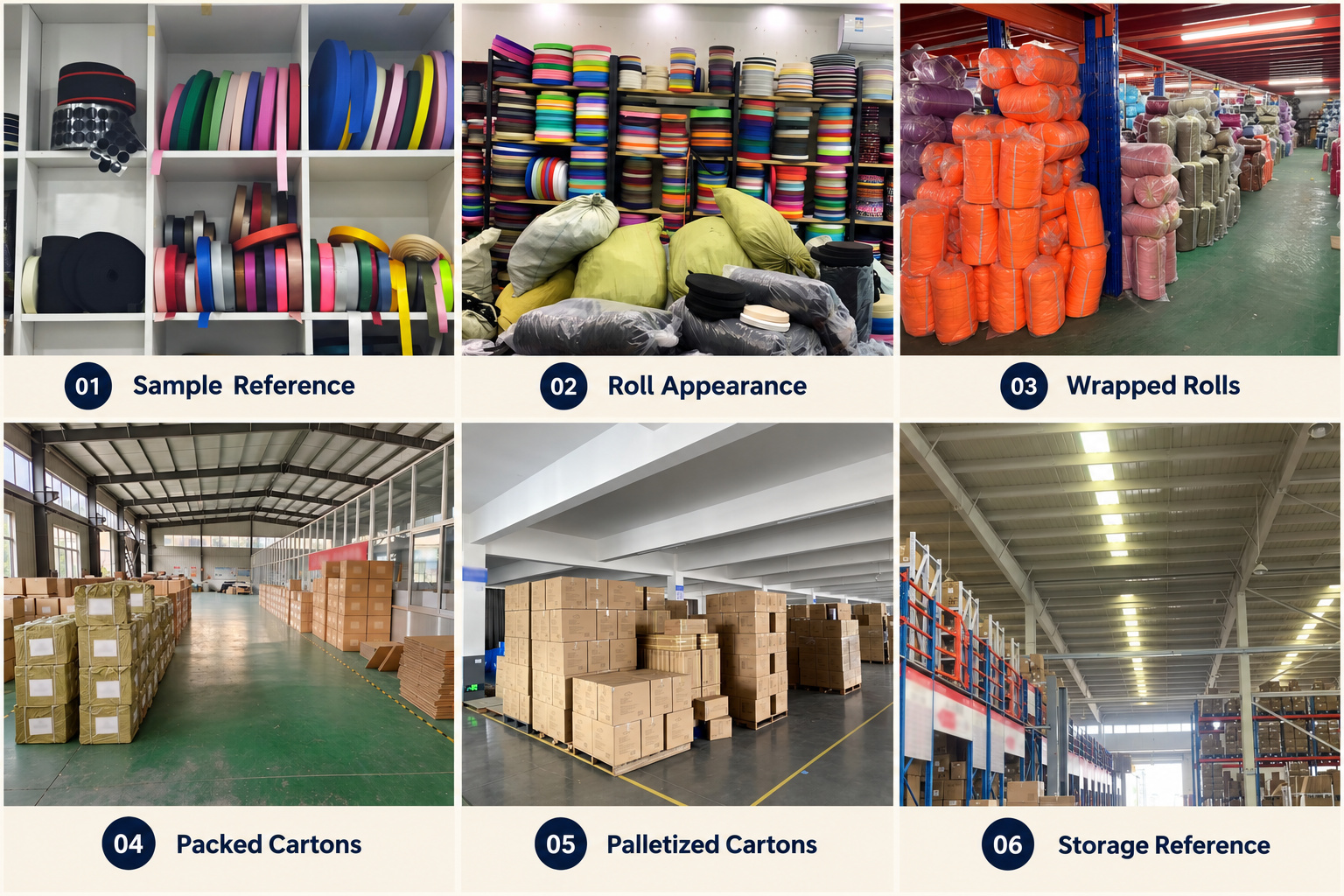 Webbing samples, wrapped rolls, packed cartons and warehouse storage.