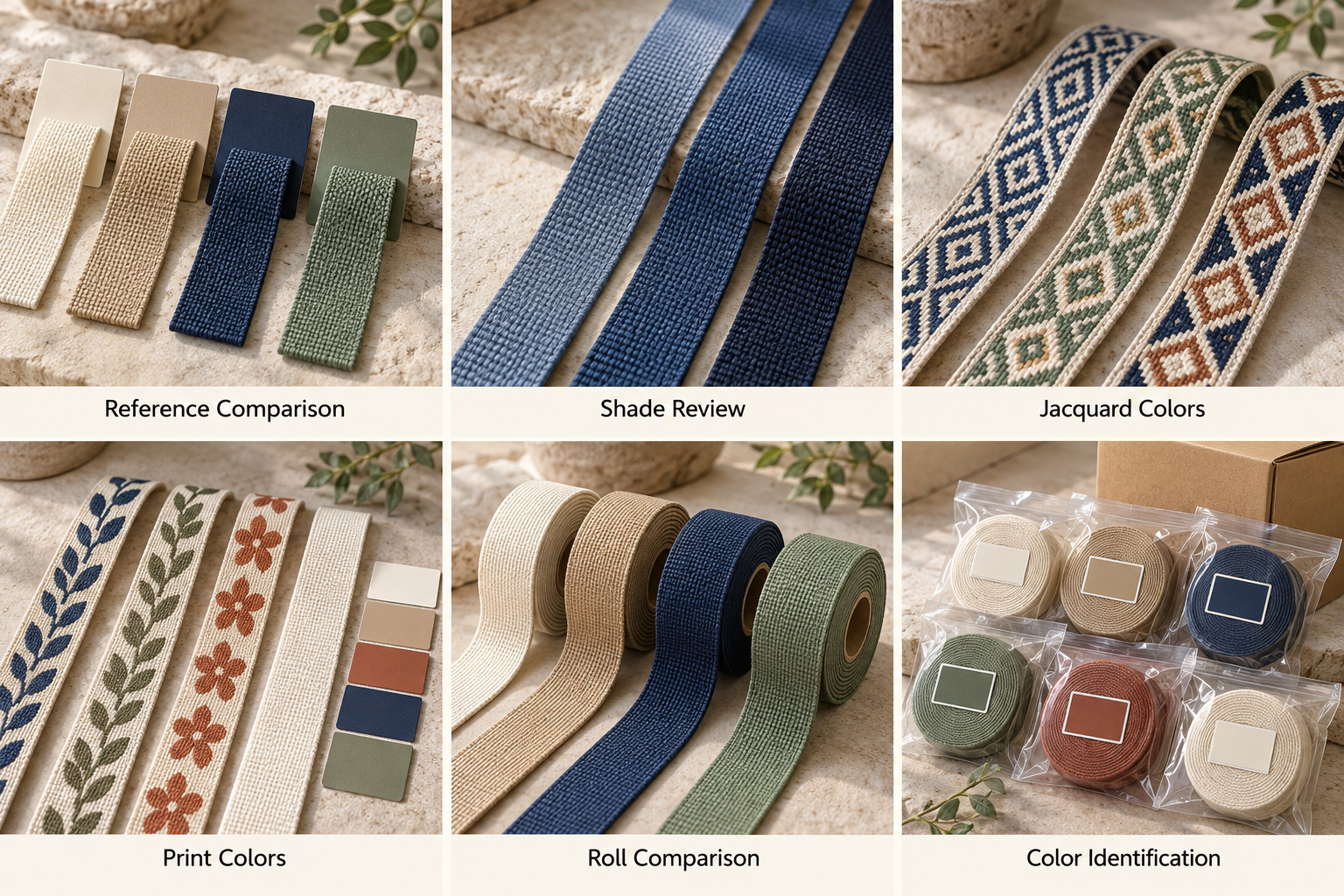 Webbing shade comparison, jacquard colors, printed patterns and labeled rolls.