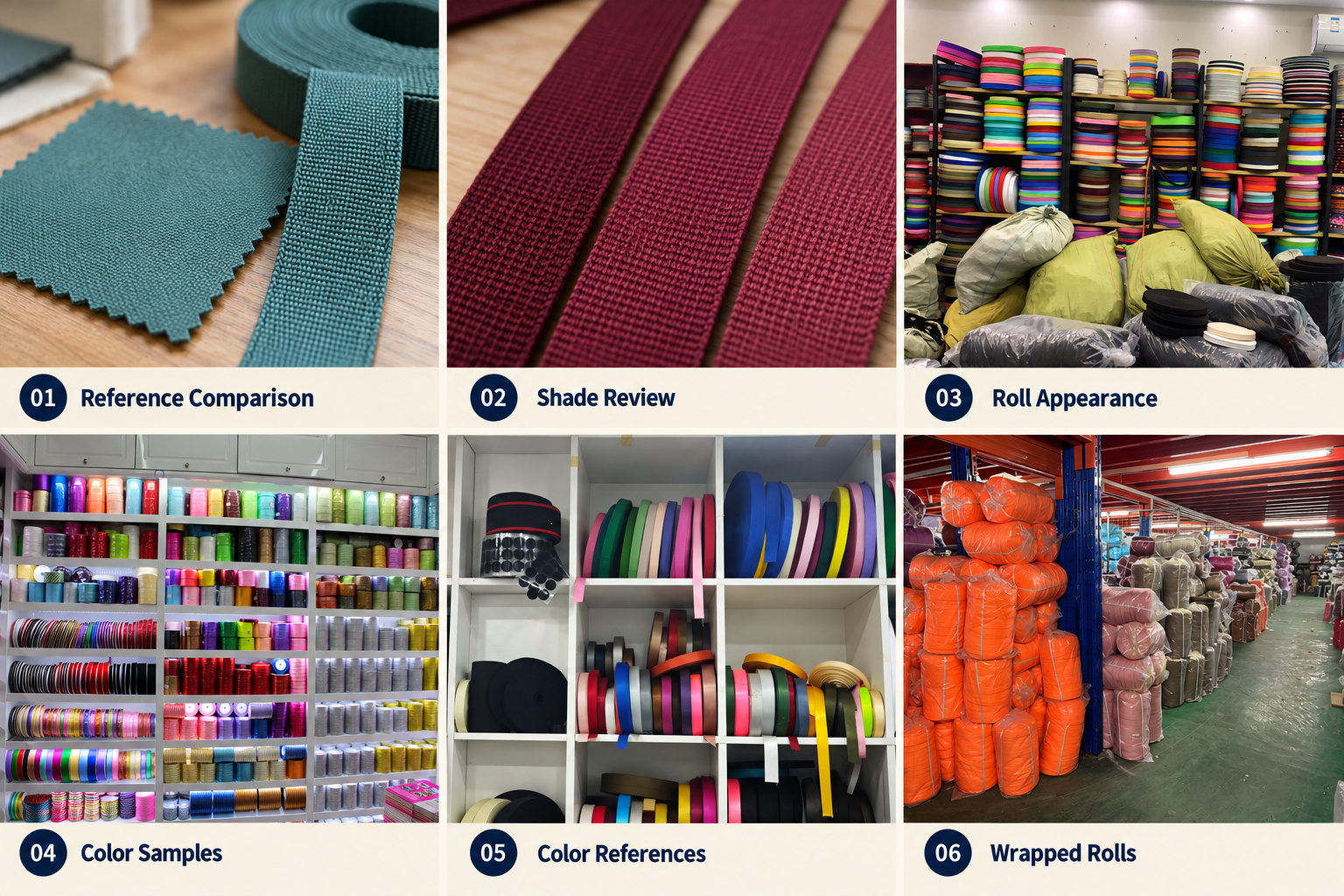 Webbing shade comparisons, color samples and wrapped rolls.