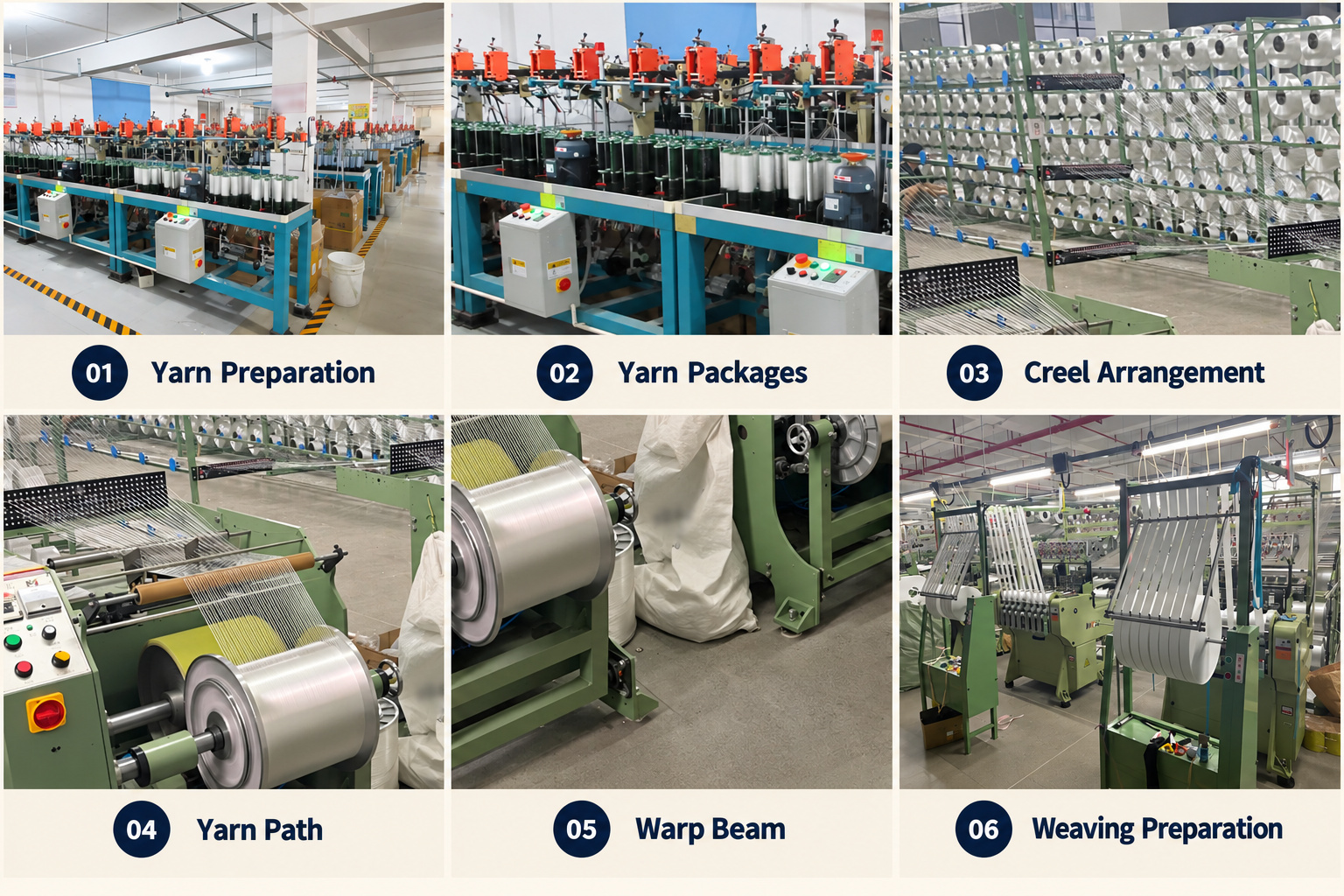Webbing yarn preparation equipment, yarn creels and warp beams.
