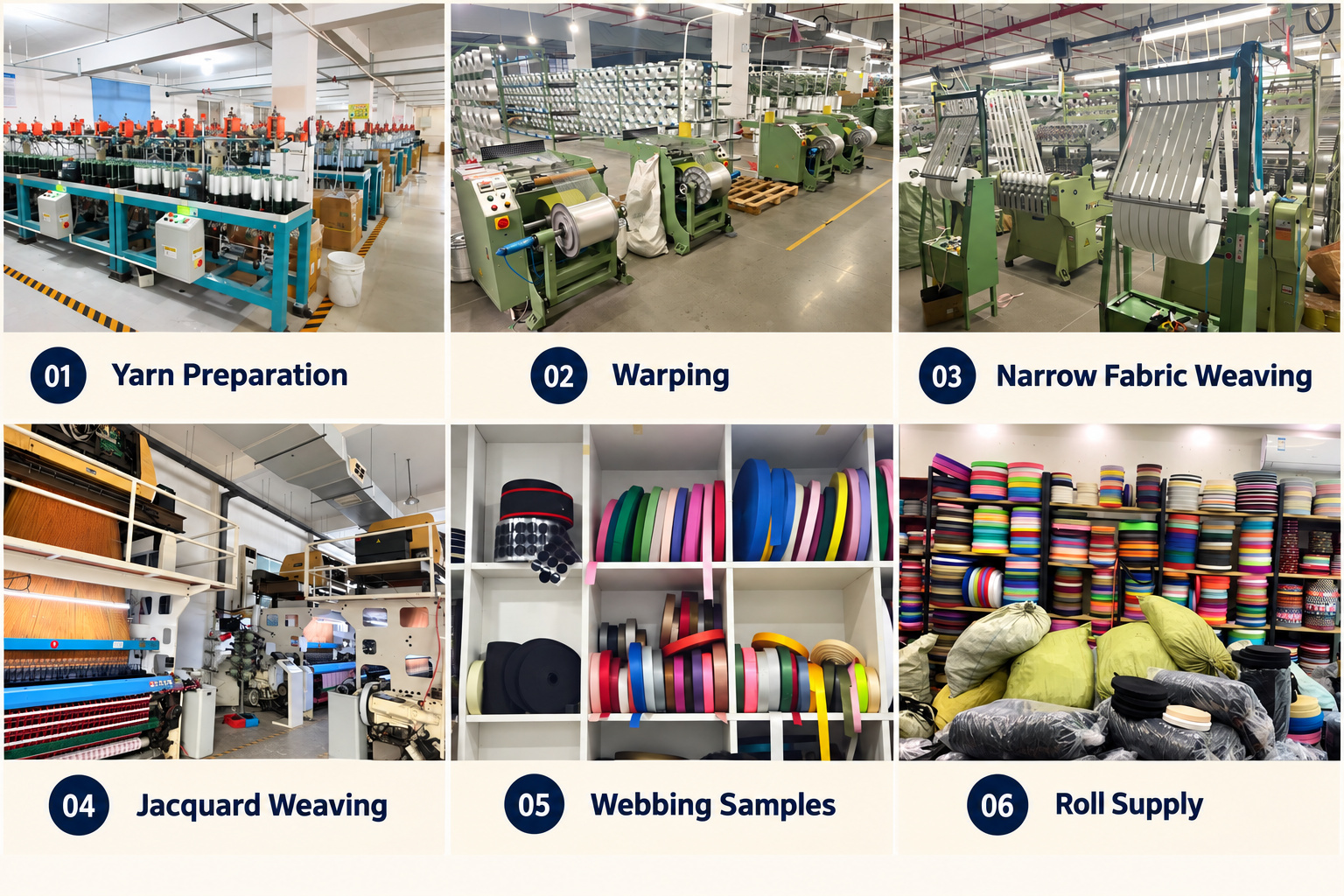Webbing yarn preparation, warping, weaving equipment, samples and rolls.