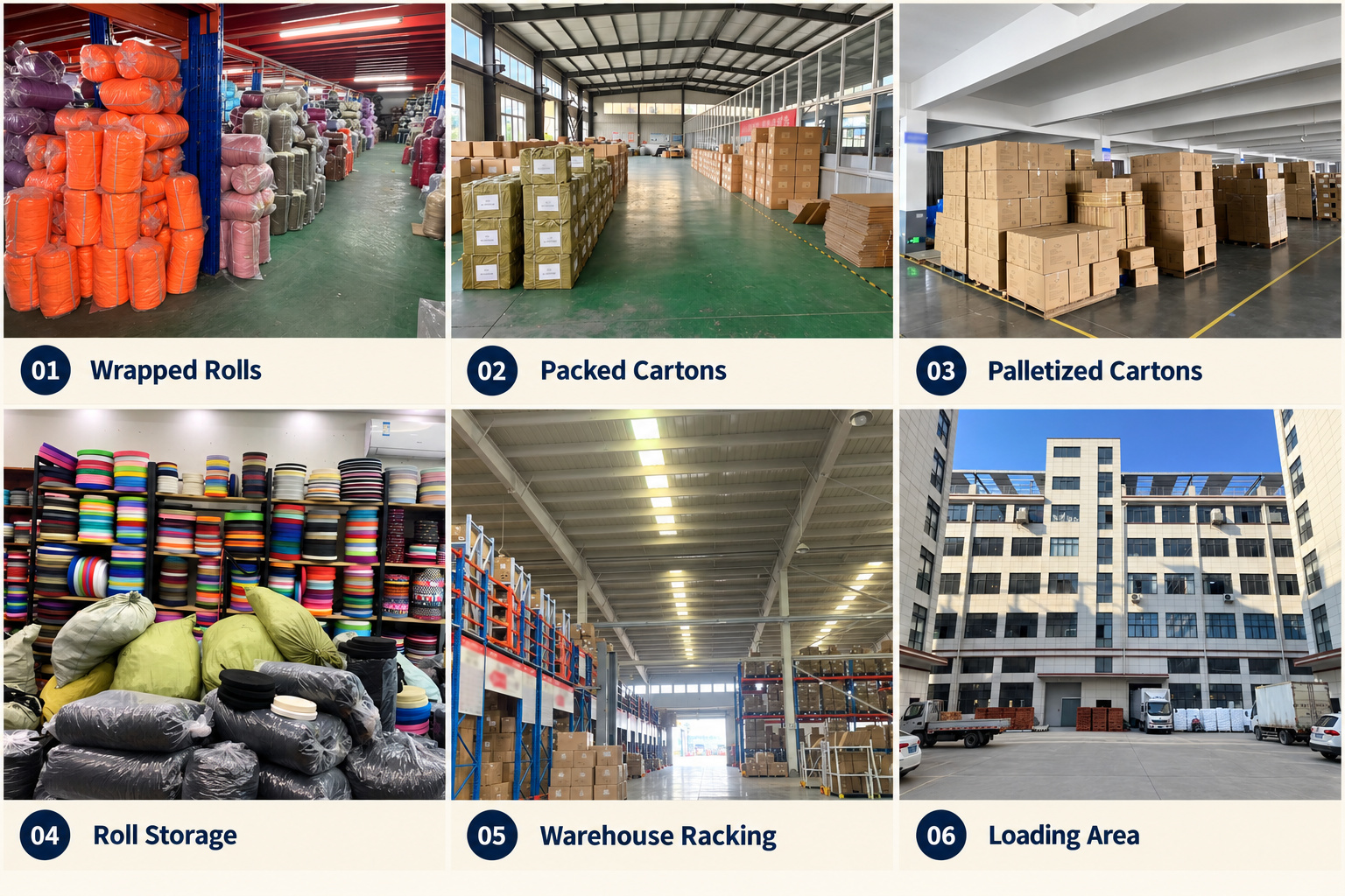 Wrapped webbing rolls, palletized cartons, warehouse racking and loading area.