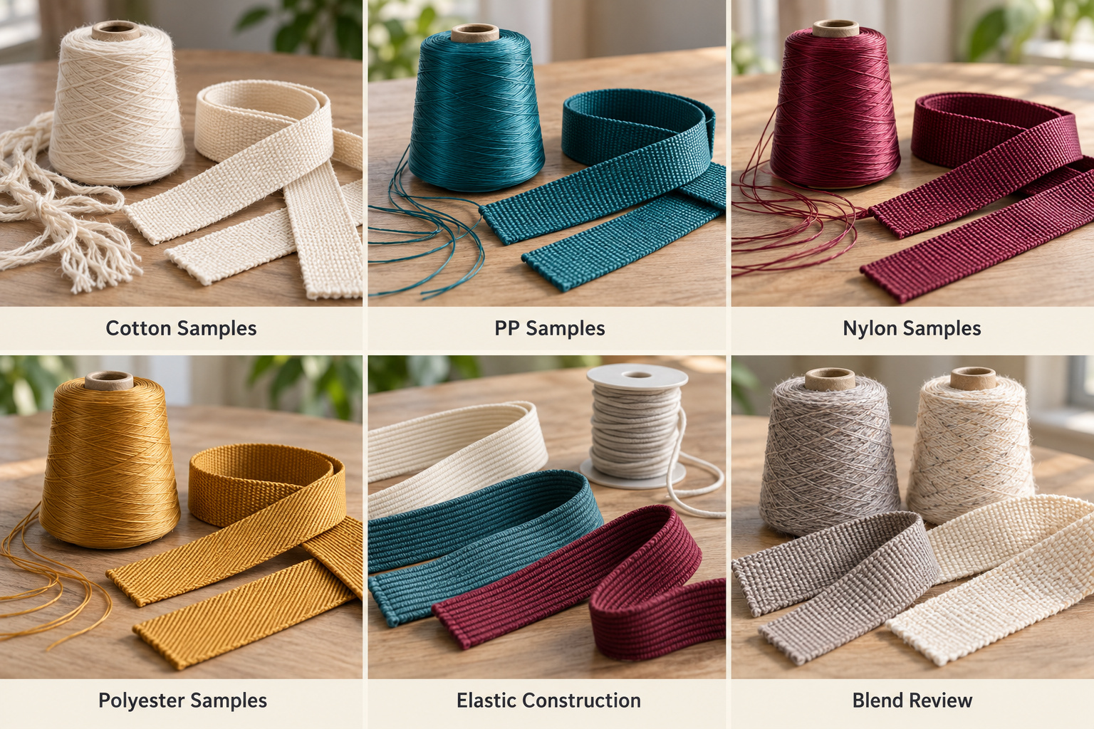 Yarn cones and webbing samples for material and construction selection.